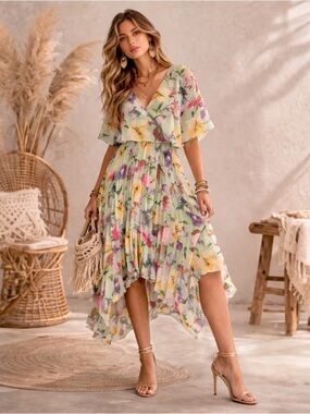 $128 Kensie Women's Pleated V-Neck Floral-Print Chiffon Dress SZ 2 NWT
